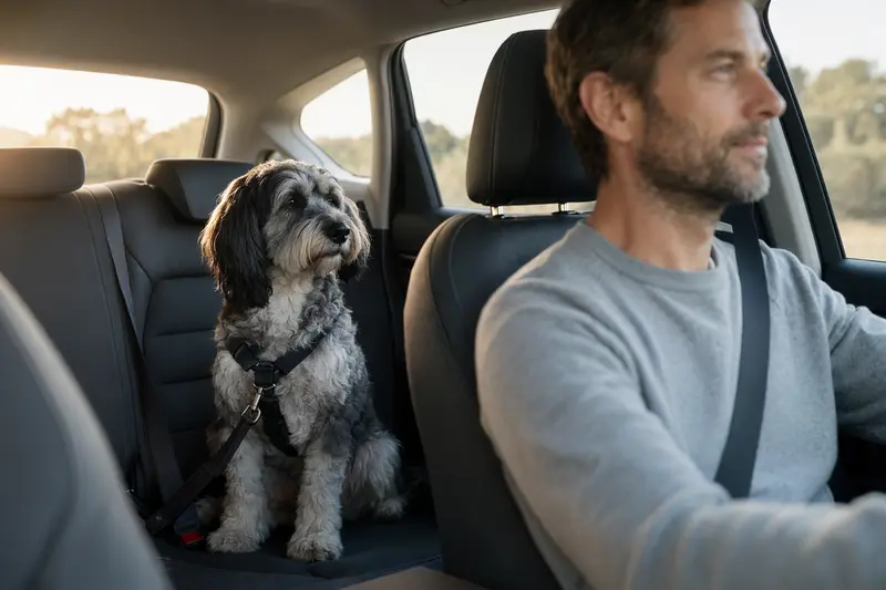 Ein Tibet-Terrier sitzt sicher angeschnallt auf der Rückbank eines Autos, während der Besitzer ruhig fährt.