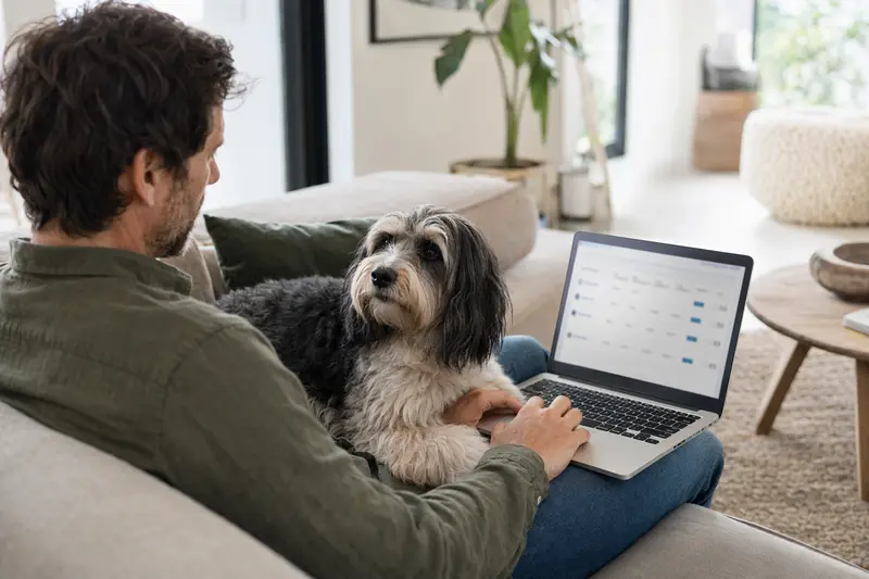Besitzer mit Laptop auf dem Sofa, neben ihm ein Tibet-Terrier, Bild zeigt neutrale Versicherungsvergleichsoberfläche.