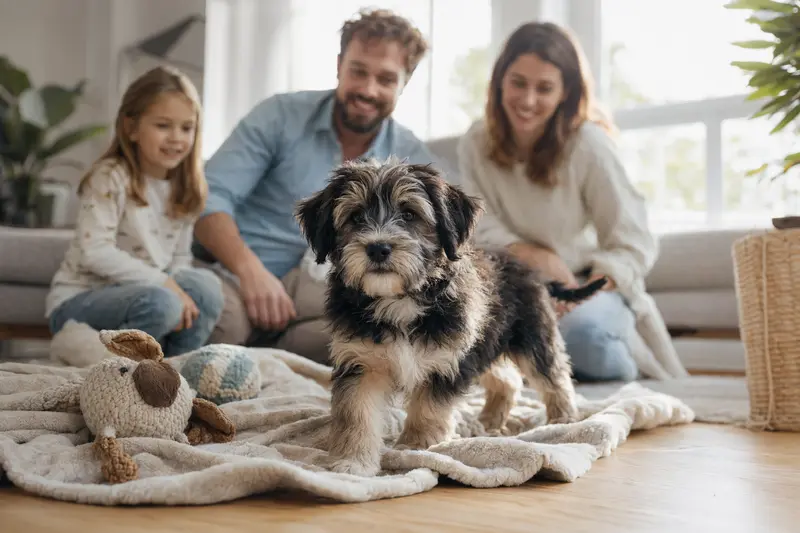 Junger Tibet-Terrier-Welpe entdeckt neugierig sein neues Zuhause auf einer weichen Decke mit Spielzeug im Hintergrund.
