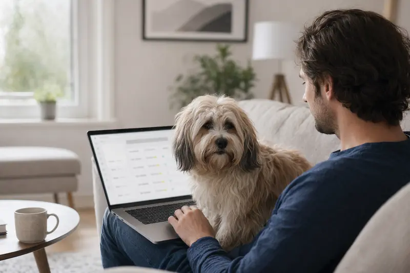 Ein Hundebesitzer sitzt mit seinem Tibetanischen Kyi Apso auf dem Sofa, während er am Laptop einen Versicherungsvergleich für Haustiere durchführt.