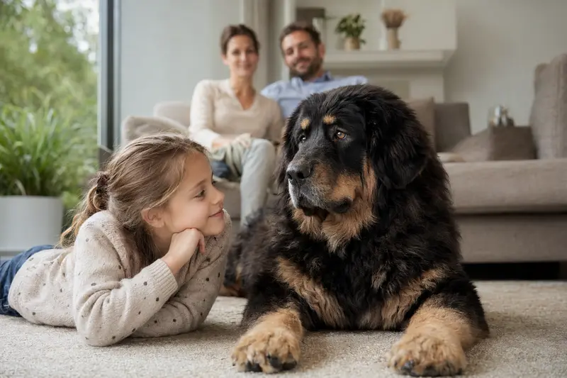 Ein freundlicher Tibetanischer Mastiff liegt entspannt neben einem Kind im Wohnzimmer und vermittelt eine sichere, familiäre Atmosphäre.