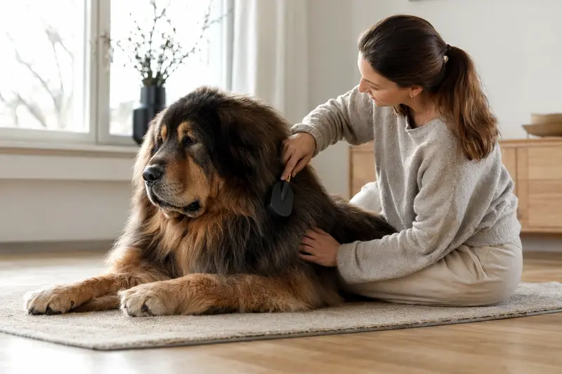Ein Tibetanischer Mastiff wird zuhause von seinem Besitzer sanft gebürstet, als Ausdruck von verantwortungsvoller Fellpflege und Gesundheitsvorsorge.