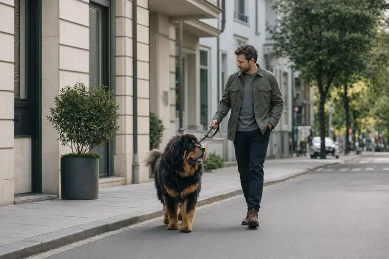 Tibetanischer Mastiff läuft an der Leine mit seinem Besitzer durch eine moderne Stadtstraße.