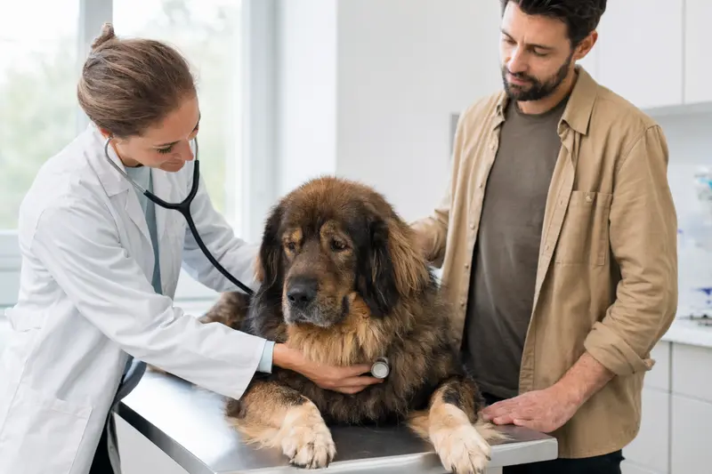 Eine Tierärztin untersucht einen ruhigen Tibetanischen Mastiff mit dem Stethoskop auf dem Untersuchungstisch in einer modernen Tierarztpraxis.