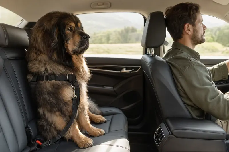 Ein Tibetanischer Mastiff sitzt sicher angeschnallt auf der Rückbank eines Autos, während der Besitzer ruhig fährt und Sonnenlicht durch das Fenster fällt.