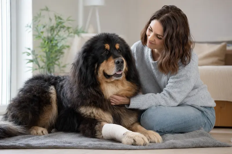 Tibetanischer Mastiff liegt mit leicht verbundenem Pfotenverband ruhig auf einer Decke, während sein Besitzer erleichtert neben ihm sitzt.
