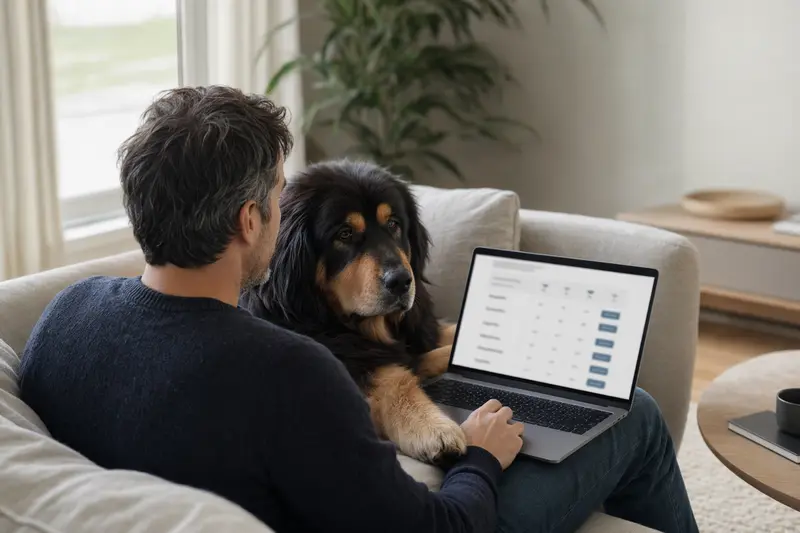 Ein Hundebesitzer auf dem Sofa, begleitet von einem Tibetanischen Mastiff, vergleicht Versicherungen auf dem Laptop.