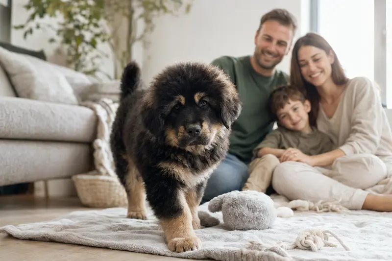 Ein junger Tibetanischer Mastiff Welpe erkundet neugierig sein neues Zuhause mit weicher Decke und Spielzeug in einer hellen Wohnung.