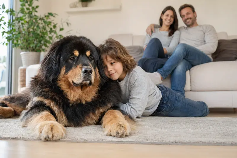 Ein freundlicher Tibetdogge-Hund liegt entspannt neben einem Kind im Wohnzimmer, während die Eltern im Hintergrund eine warme Familienatmosphäre schaffen.