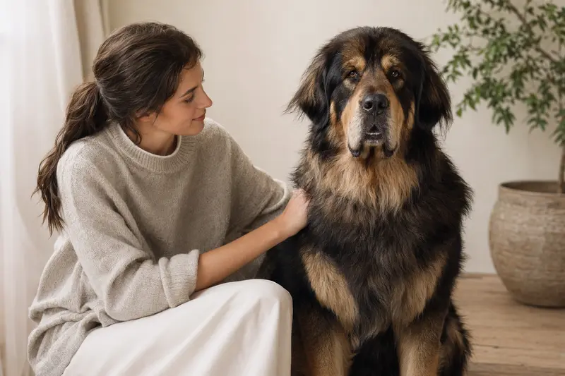 Aufmerksam stehende Tibetdogge in natürlicher Haltung vor hellem Hintergrund, professionell als realistisches Tierportrait aufgenommen.