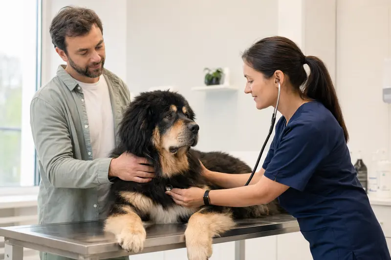 Eine freundliche Tierärztin untersucht eine ruhige Tibetdogge mit dem Stethoskop, während der Besitzer in der modernen Tierarztpraxis beruhigend danebensteht.