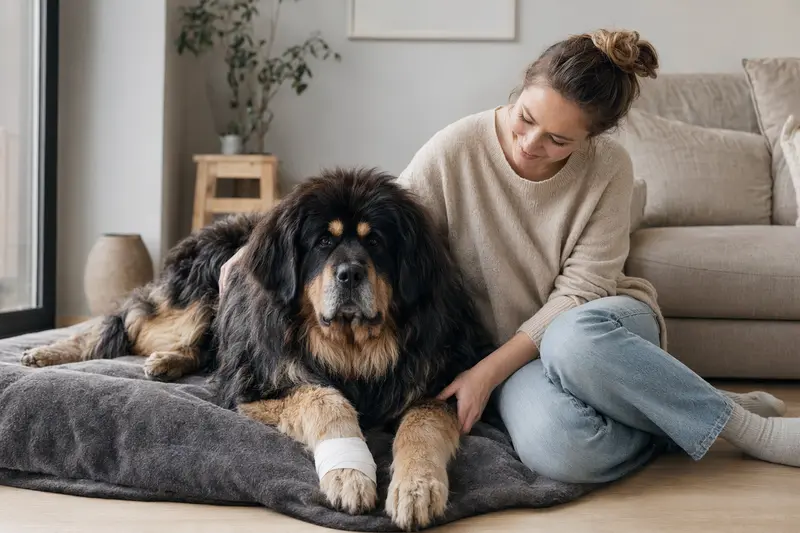 Eine Tibetdogge mit leicht verbundenem Pfotenverband liegt ruhig auf einer Decke, während ihr Besitzer erleichtert neben ihr sitzt.