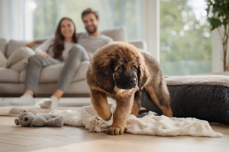 Ein junger Tibetdogge-Welpe entdeckt neugierig sein neues Zuhause mit weicher Decke und Spielzeug, während seine Familie im Hintergrund in einer hellen Wohnung zu sehen ist.