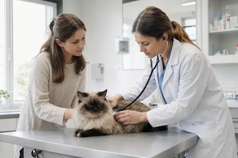 Eine ruhige Tibeter Katze wird von einer freundlichen Tierärztin mit einem Stethoskop in einer modernen Tierarztpraxis untersucht, während der Besitzer beruhigend daneben steht.