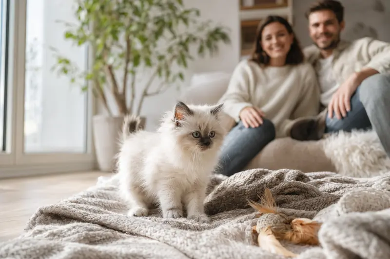 Ein neugieriges Tibeter Katzen Kitten erkundet sein neues Zuhause auf einer weichen Decke.