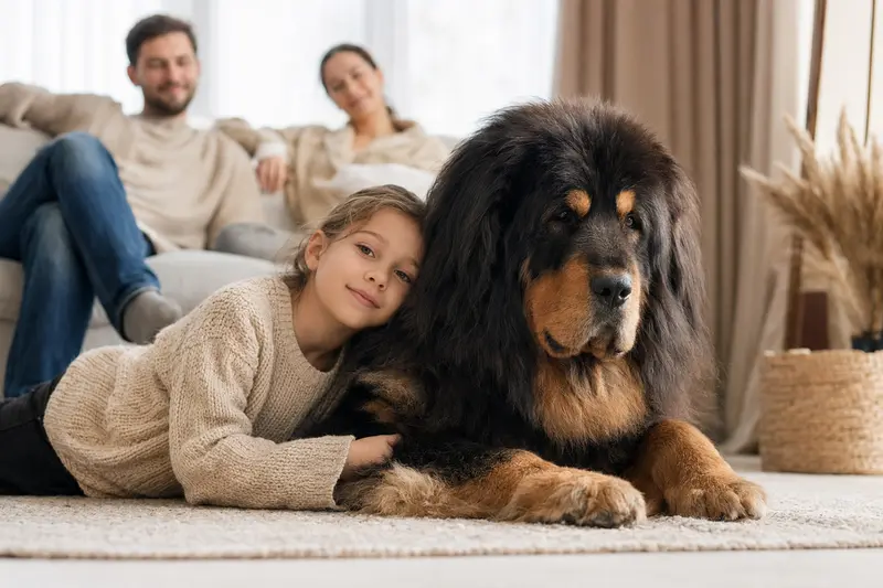 Ein freundlicher Tibetischer Mastiff liegt entspannt neben einem Kind im hellen Wohnzimmer, während die Eltern im Hintergrund eine sichere Familienatmosphäre schaffen.