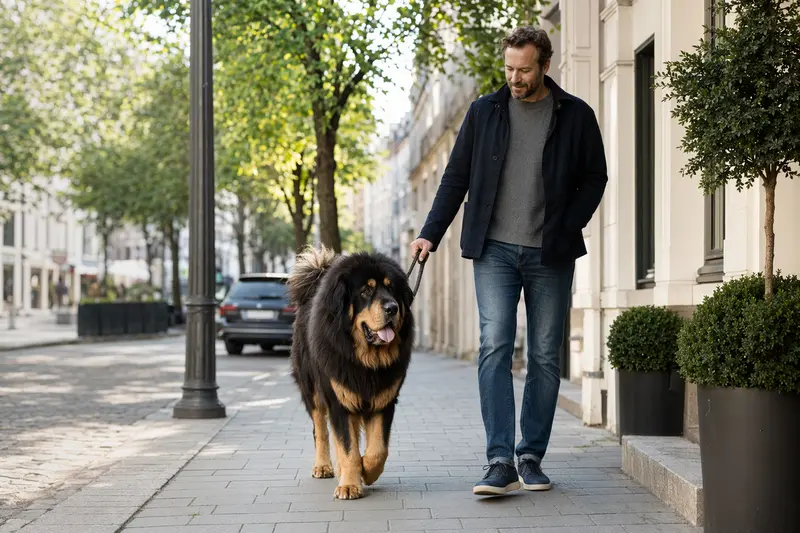 Ein Tibetischer Mastiff läuft an der Leine mit seinem Besitzer durch eine moderne Stadtstraße.