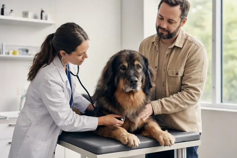 Ein Tibetischer Mastiff wird in einer modernen Tierarztpraxis behutsam mit dem Stethoskop untersucht, während die Besitzerin beruhigend danebensteht.
