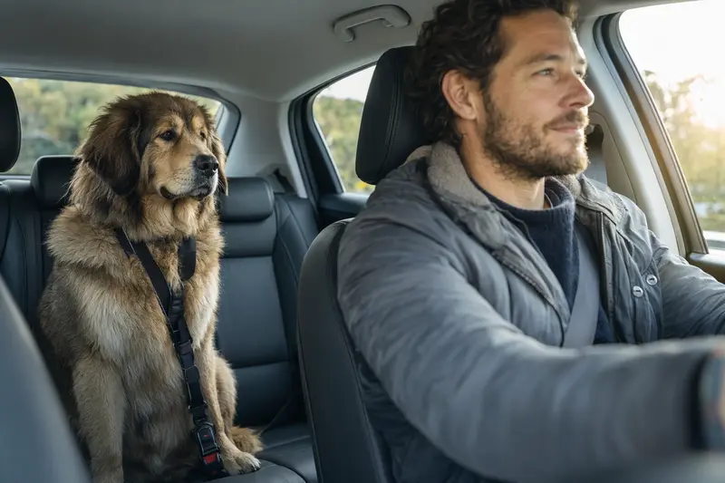 Ein Tibetischer Mastiff sitzt sicher angeschnallt auf der Rückbank eines Autos, während der Fahrer ruhig unterwegs ist.