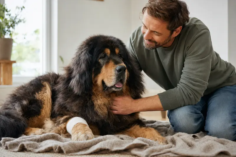 Ein Tibetischer Mastiff mit leichtem Verband an der Pfote liegt ruhig auf einer Decke neben seinem erleichterten Besitzer in einer hellen Wohnung.
