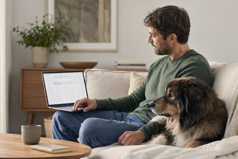 Besitzer mit Laptop auf dem Sofa, neben einem Tibetischen Mastiff in einer hellen Wohnung