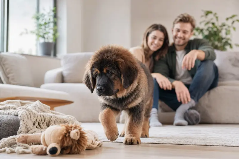 Ein junger Tibetischer Mastiff Welpe entdeckt neugierig sein neues Zuhause mit weicher Decke und Spielzeug in einer hellen Wohnung.