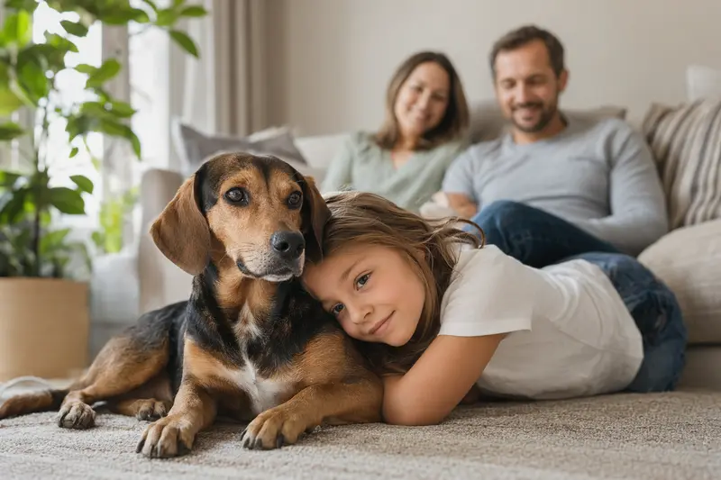 Ein freundlicher Tiroler Bracke Hund liegt entspannt neben einem Kind im Wohnzimmer, während die Eltern im Hintergrund eine sichere Familienatmosphäre schaffen.