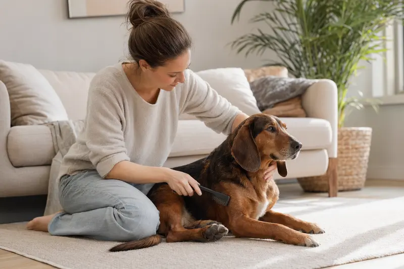 Ein Tiroler Bracke Hund wird in einer hellen Wohnung sanft gebürstet, während der Besitzer die Fellpflege liebevoll übernimmt.