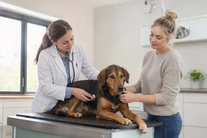 Eine freundliche Tierärztin untersucht einen ruhigen Tiroler Bracke Hund in einer modernen Tierarztpraxis, während der Besitzer beruhigend danebensteht.