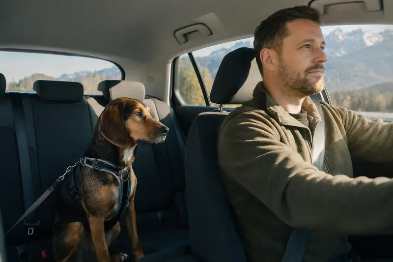 Ein Tiroler Bracke Hund sitzt sicher angeschnallt auf der Rückbank eines Autos, während der Besitzer ruhig fährt.