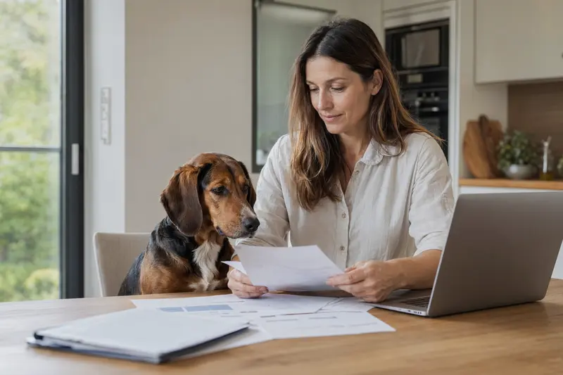 Ein Tiroler Bracke Hund sitzt ruhig neben seinem Besitzer am Küchentisch, während Versicherungsunterlagen und ein Laptop mit Vergleichsseite auf eine Hundekrankenversicherung hinweisen.