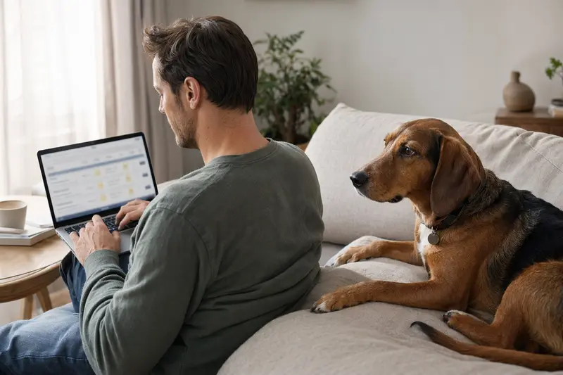 Ein Besitzer sitzt mit Laptop auf dem Sofa, während ein Tiroler Bracke Hund entspannt daneben liegt.