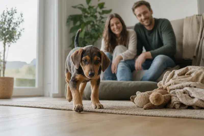 Ein junger Tiroler Bracke Welpe entdeckt neugierig sein neues Zuhause mit weicher Decke und Spielzeug in einer hellen Wohnung.
