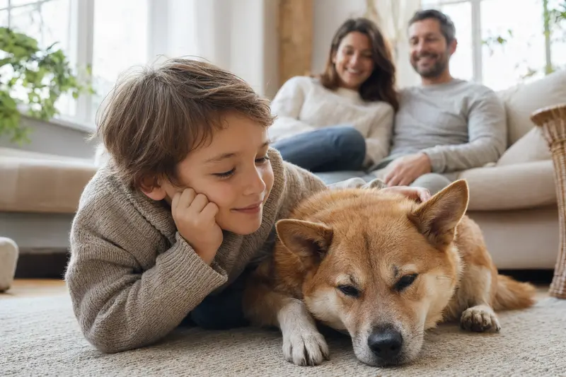 Ein freundlicher Tora Inu Hund liegt entspannt neben einem Kind im Wohnzimmer, während die Eltern im Hintergrund eine sichere Familienatmosphäre schaffen.