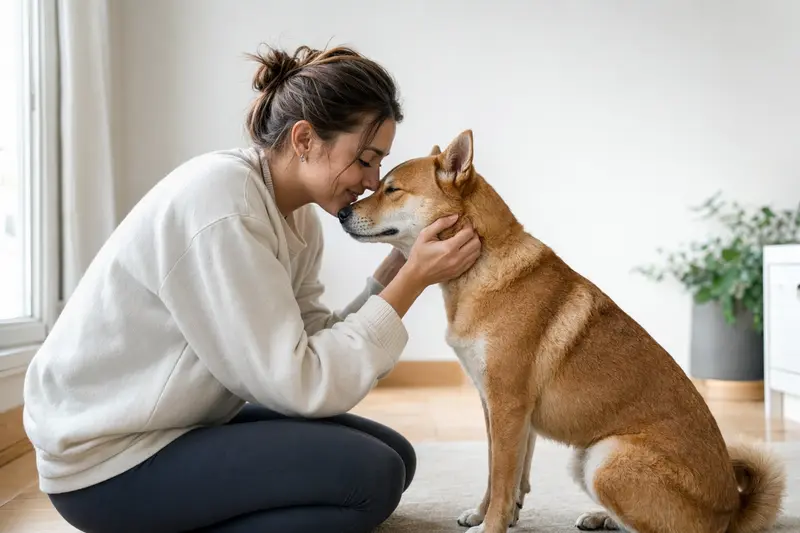 Aufmerksam stehender Tora Inu Hund in natürlicher Haltung vor hellem Hintergrund als realistisches Tierportrait.