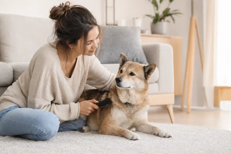 Ein Tora Inu Hund wird in einer hellen Wohnung sanft gebürstet, während sein Besitzer die Fellpflege liebevoll übernimmt.