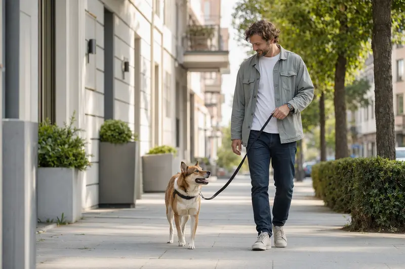 Ein Tora Inu Hund läuft an der Leine mit seinem Besitzer durch eine freundliche moderne Stadtstraße.