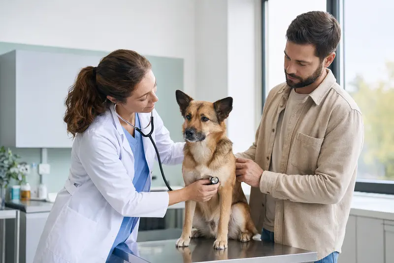 Eine Tierärztin untersucht einen ruhigen Tora Inu Hund auf dem Untersuchungstisch, während der Besitzer in der modernen Tierarztpraxis beruhigend danebensteht.