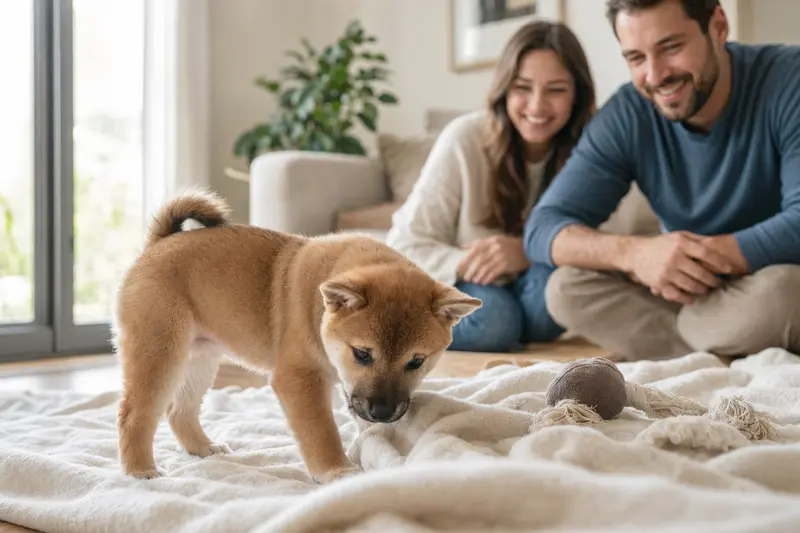 Ein junger Tora Inu Welpe entdeckt neugierig sein neues Zuhause mit weicher Decke, Spielzeug und liebevoller Familie im Hintergrund.