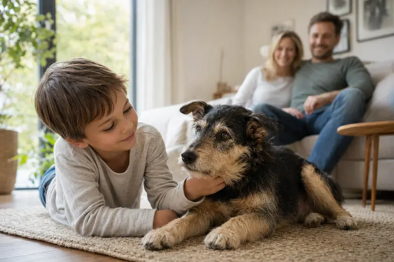 Ein freundlicher Torfhund liegt entspannt neben einem Kind im Wohnzimmer, während die Eltern im Hintergrund eine warme und sichere Familienatmosphäre schaffen.