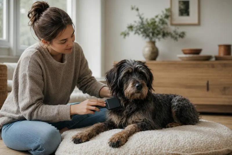 Ein Torfhund wird zuhause sanft gebürstet, während sich der Besitzer liebevoll um die Fellpflege kümmert.