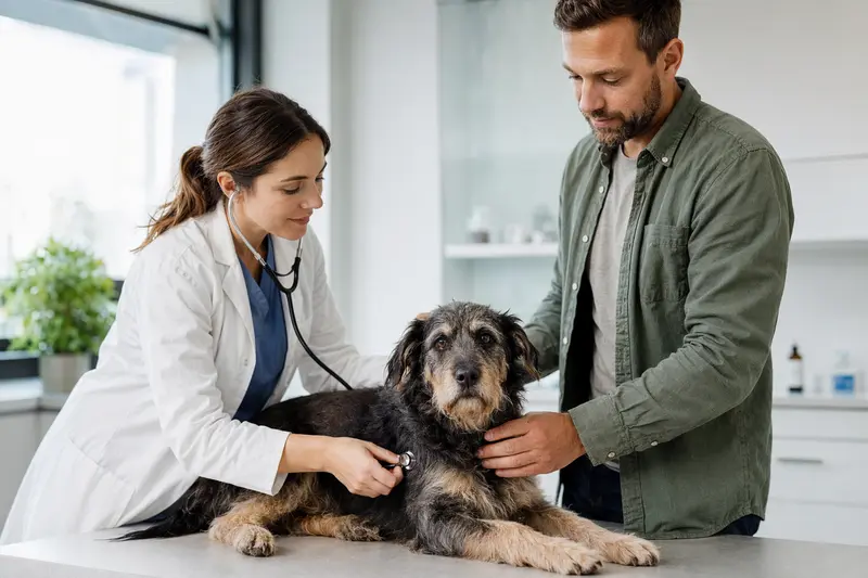 Ein ruhiger Torfhund wird in einer modernen Tierarztpraxis behutsam mit dem Stethoskop untersucht, während die Besitzerin beruhigend danebensteht.