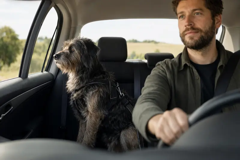Ein sicher angeschnallter Hund sitzt auf der Rückbank eines Autos, während sein Besitzer ruhig fährt und Sonnenlicht durch das Fenster fällt.