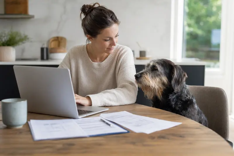 Ein Torfhund sitzt ruhig neben seinem Besitzer am Küchentisch, während Versicherungsunterlagen und ein Laptop mit Vergleichsseite vor ihm liegen.