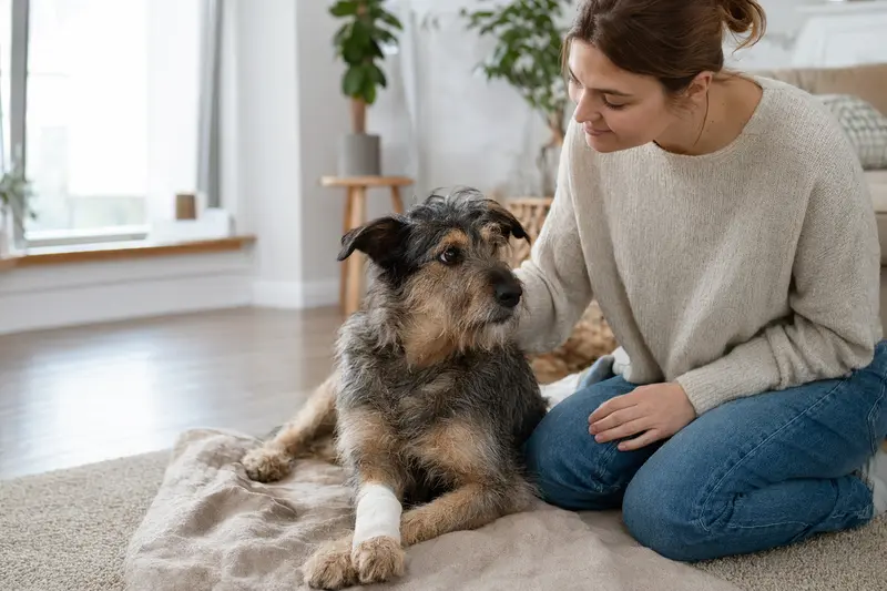 Ein Hund mit leicht bandagierter Pfote liegt ruhig auf einer Decke, während sein Besitzer daneben sitzt und erleichtert wirkt.