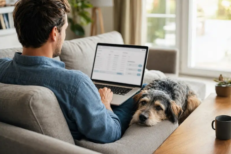 Ein Hund sitzt entspannt neben einem Laptop auf dem Sofa, während der Besitzer eine Versicherungsvergleichsseite betrachtet.