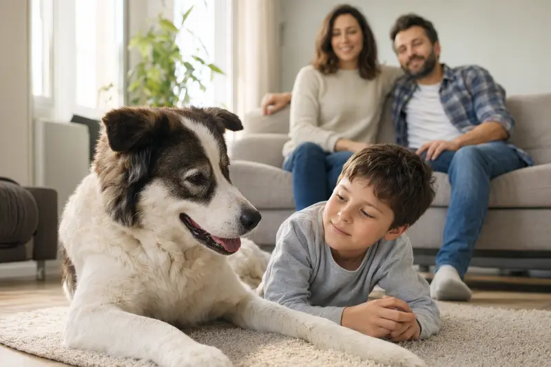 Ein freundlicher Tornjak Hund liegt entspannt neben einem Kind im hellen Wohnzimmer, während die Eltern im Hintergrund eine sichere Familienatmosphäre schaffen.