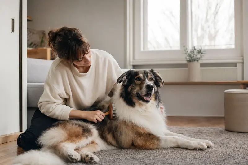 Ein Tornjak Hund wird in einer hellen Wohnung sanft gebürstet, während der Besitzer die Fellpflege liebevoll übernimmt.