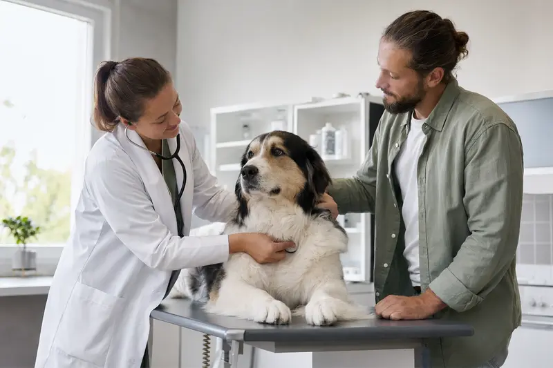 Eine Tierärztin untersucht einen ruhigen Tornjak Hund in einer modernen Tierarztpraxis behutsam mit dem Stethoskop, während der Besitzer beruhigend danebensteht.