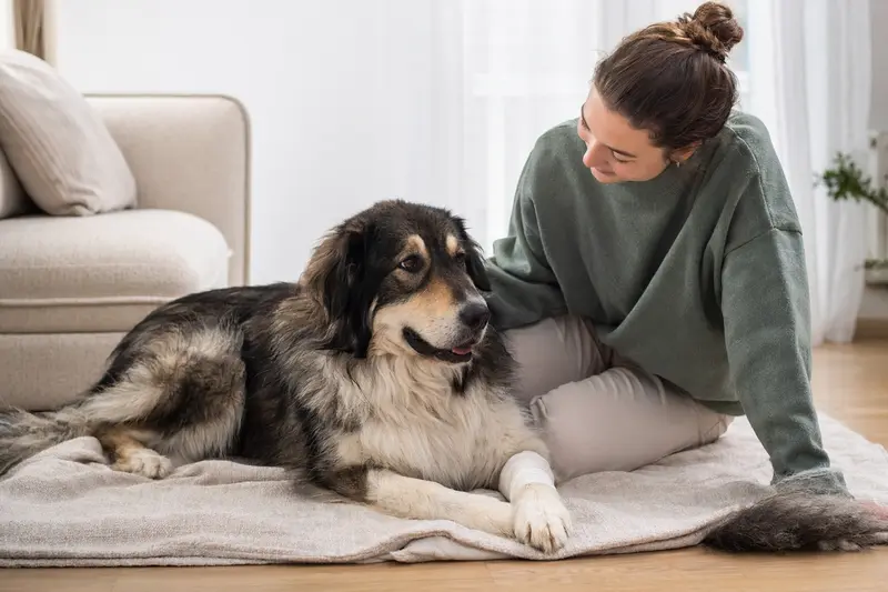 Ein Tornjak Hund mit leicht verbundenem Pfotenverband liegt ruhig auf einer Decke neben seinem erleichterten Besitzer.